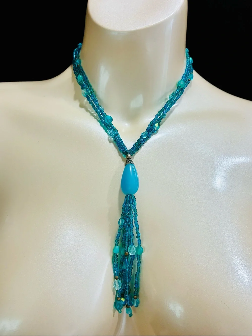 Aqua Blue Multi-Strand Tassel Necklace with Teardrop Pendant - Women Jewelry
